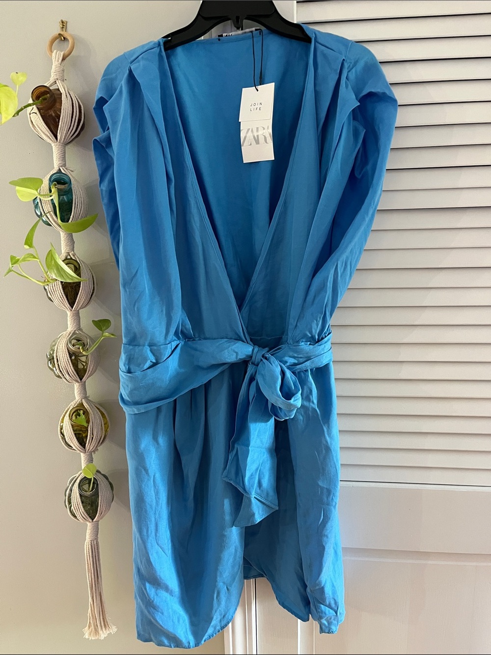 Zara Bright Blue Mini Wrap Dress with Tie Waist